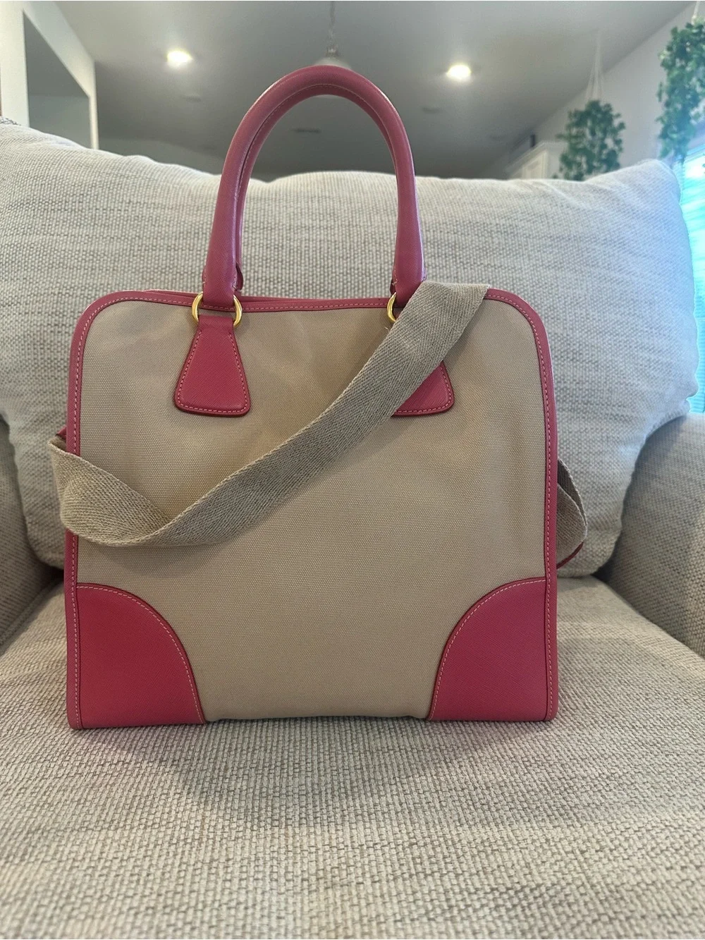 Prada Beige And Pink Canvas And Leather Tote - Picture 2 of 16